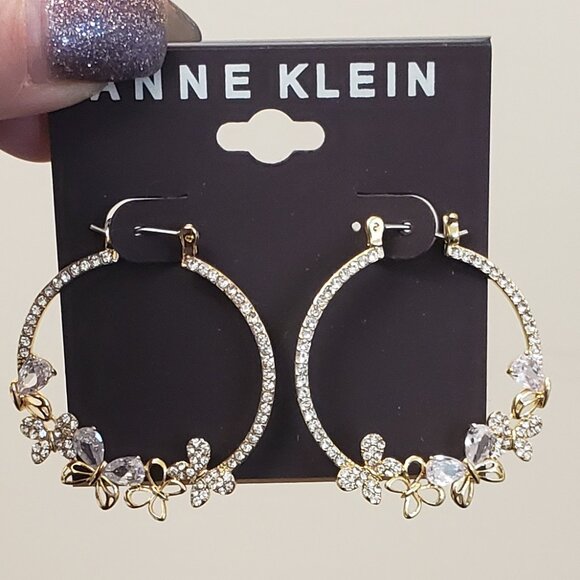 Anne Klein, NWT, gold tone rhinestone hoop butterflies pierced earrings - Picture 1 of 10